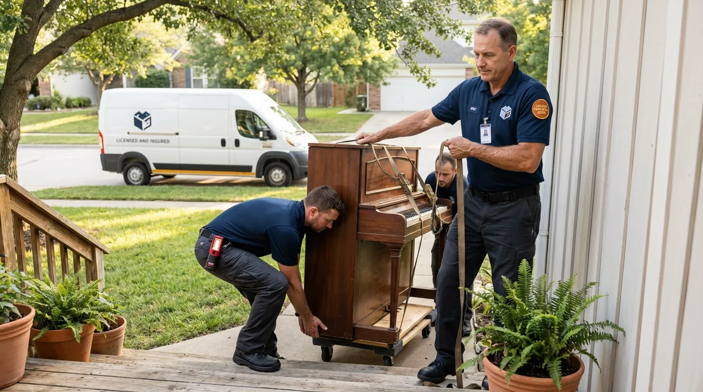 Licensed piano movers securing grand piano in Rio, WI
