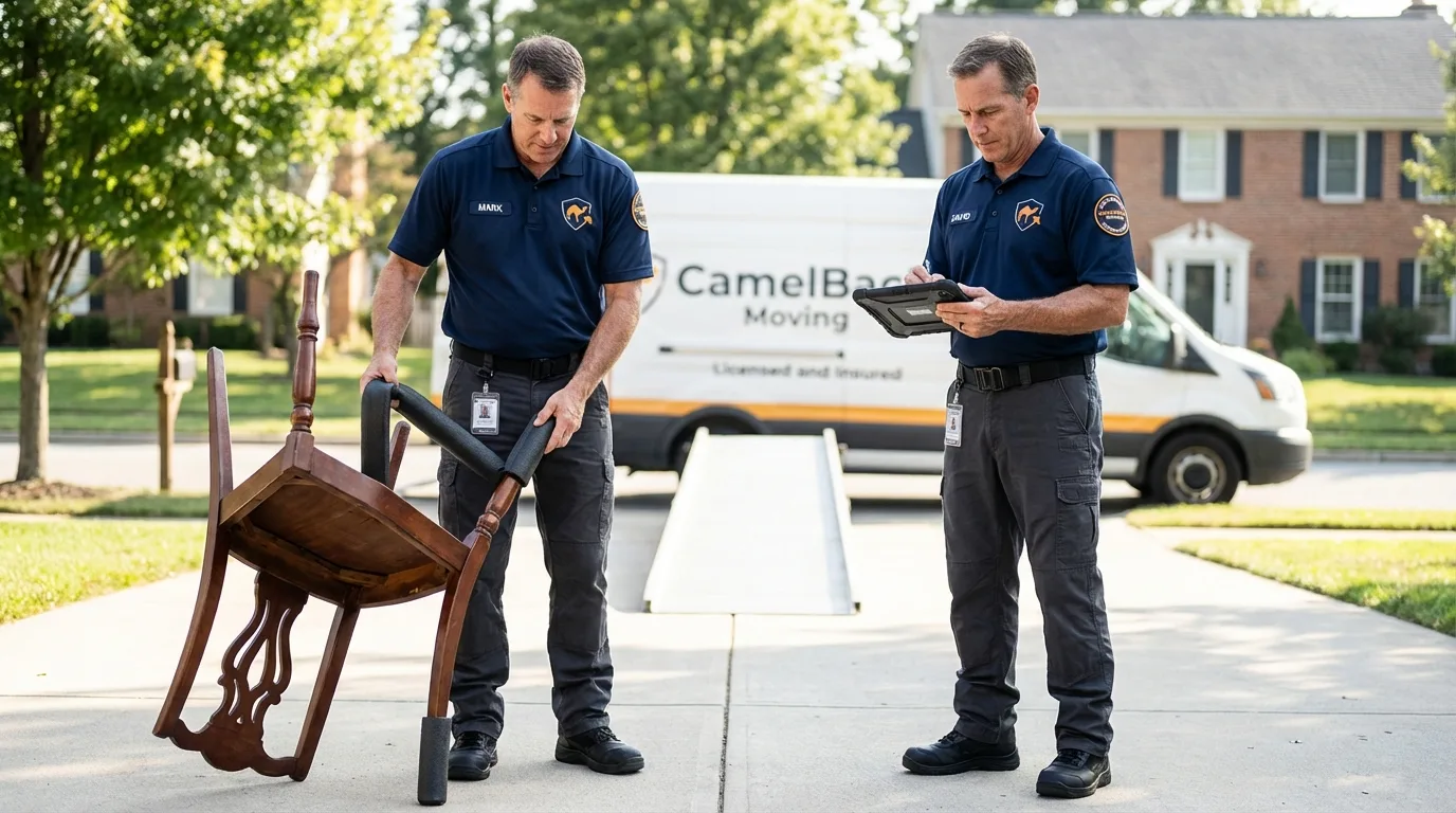Movers inspecting furniture for damage prevention before loading in Rio, WI