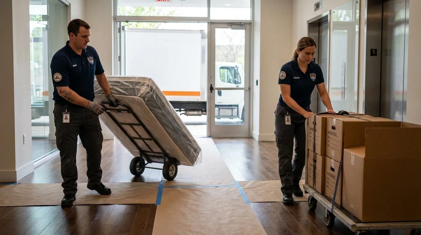 Professional apartment movers loading elevator in Rio, WI