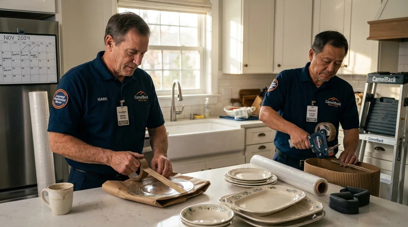 Professional crew packing kitchen dishware in Rio, WI